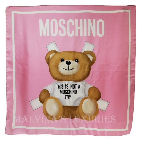 MOSCHINO SCARF PINK PAPER DOLL TEDDY BEAR & LOGO SILK TWILL SQUARE FOULARD 34" - Picture 6 of 9